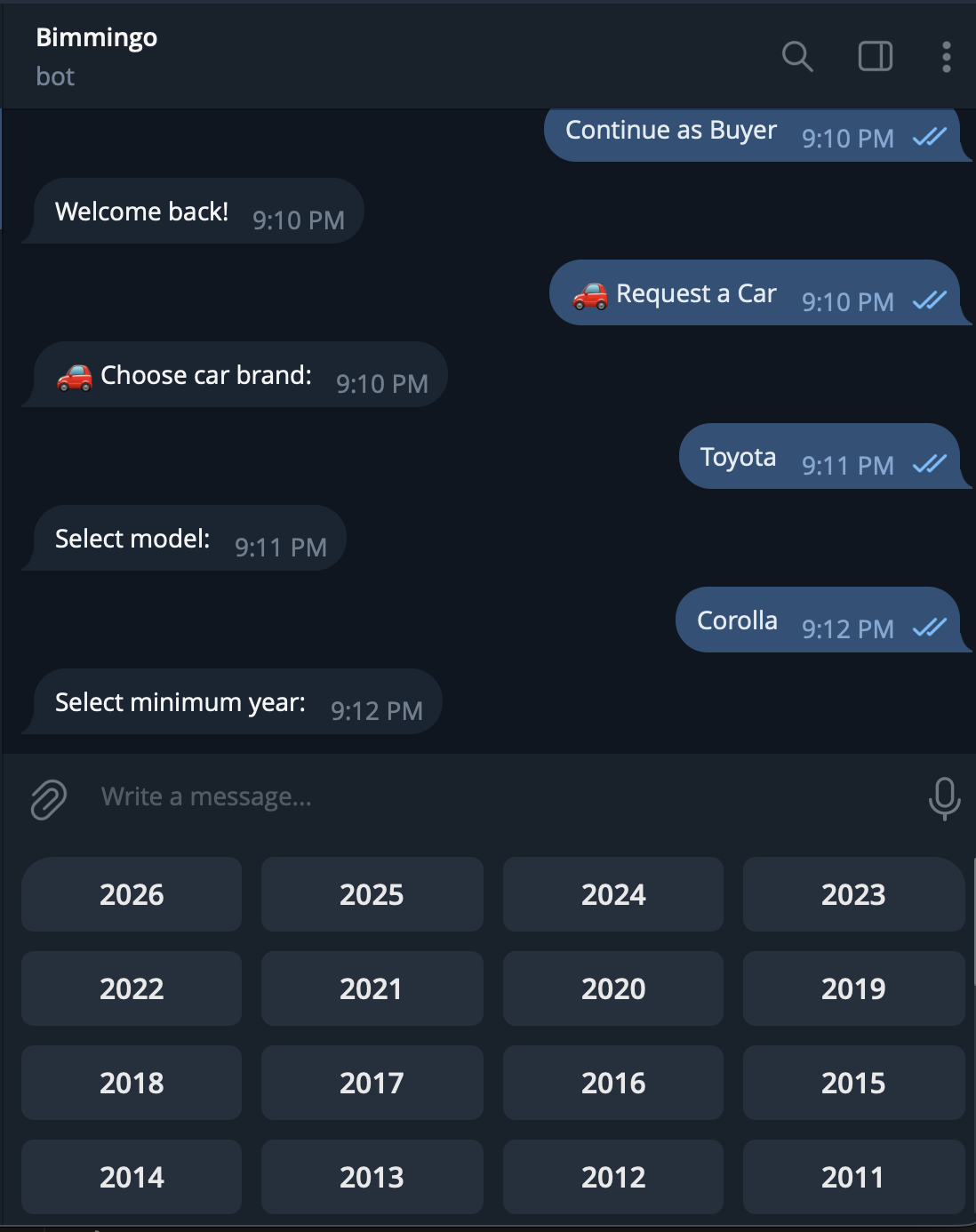 Bimmingo bot showing year options